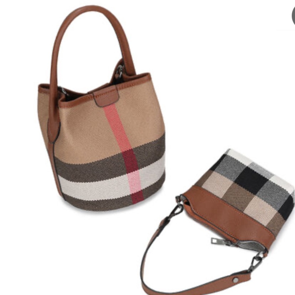 Bucket Bag Stylish Checkered Crossbody Bag with Brown Accents - Picture 2 of 16